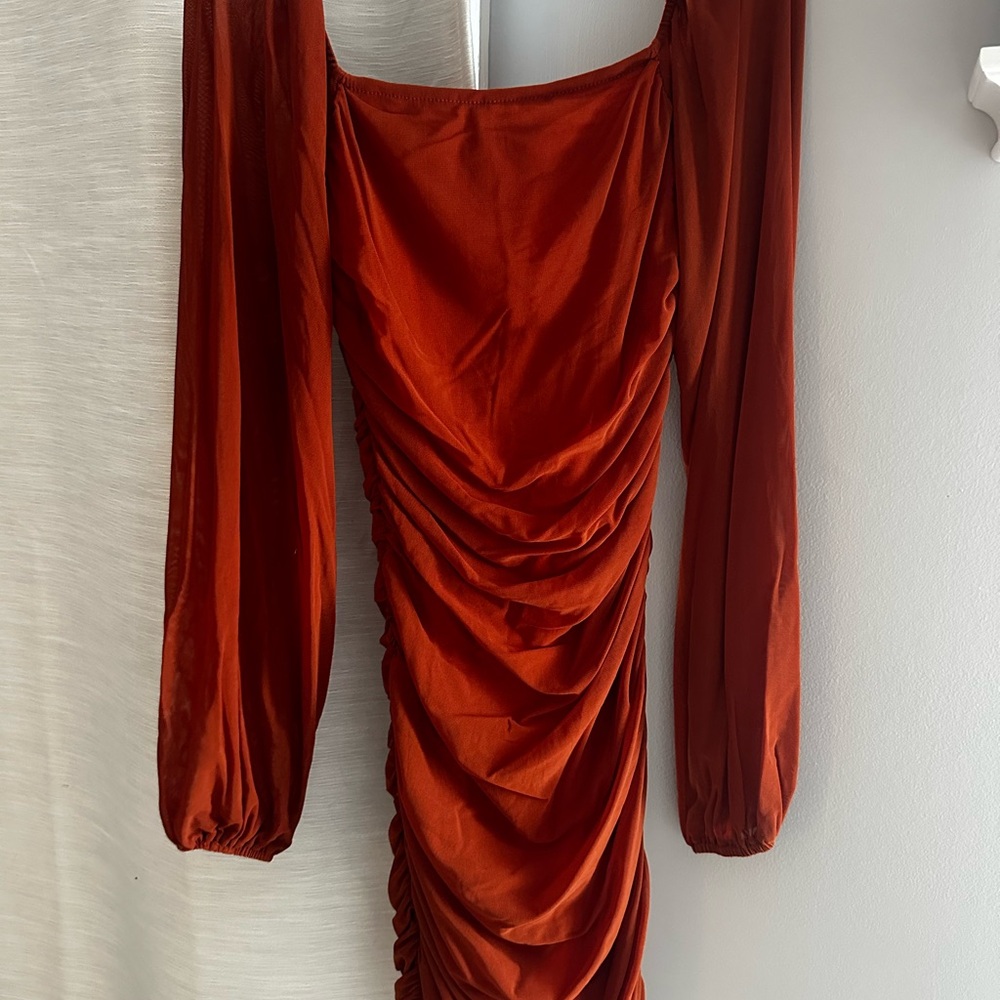 Rust Dress with Sheer Long Sleeves